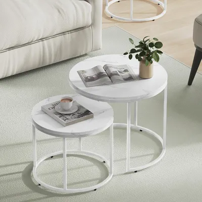 Produktbild von Couchtisch 2er Set Rund Beistelltisch Loft Design 2 in 1 Verschachtelung kratzfeste Oberfläche, Wohnzimmer Marmor Optik mit schwarzen Beinen