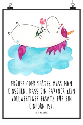 Produktbild von Mr. & Mrs. Panda Bild Einhorn Verliebt DIN A3 - Weiß - Geschenk, wanddeko, drucke, kunstdruck poster, Liebe, Unicorn, Einhörner, Plakat, Freundin, Wandbild