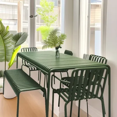 Produktbild von Outdoor Essgruppe Tisch und Stuhlkombination Set aus Eisen garten Tisch und Stuhlset für den Außenbereich Dunkelgrün 160CM