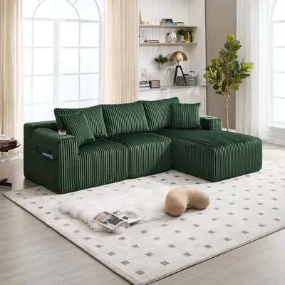 Immagine prodotto di LVHOM Divano componibile con funzione letto, divano angolare con rivestimento in velluto a coste, 3 posti con cuscini, divano letto senza montaggio, divano lounge 257x80x160cm, verde
