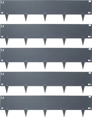 A set of five dark gray metal garden edging pieces are laid out horizontally against a white background.
