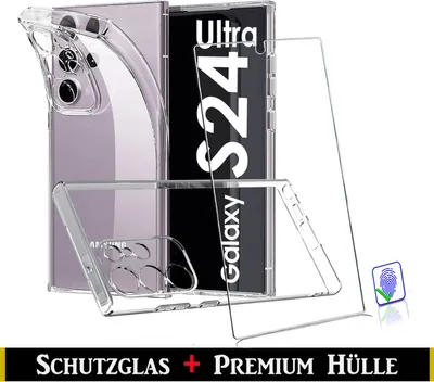 A clear phone case and screen protector are displayed against a white background, with the phone inside the case showing the screen.