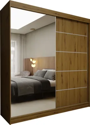 Produktbild von Masseno Schiebetürenschrank MIRELLA 200 cm Kleiderschrank Schlafzimmer Schrank 2-türig mit Spiegel Eiche Artisan
