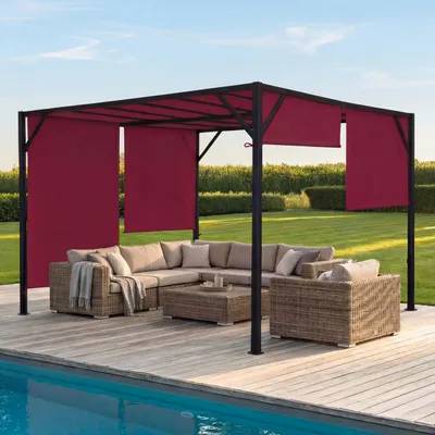 Produktbild von Pergola Baia, Garten Pavillon Terrassenüberdachung, stabiles 6cm-Stahl-Gestell + Schiebedach bordeaux-rot  4x4m