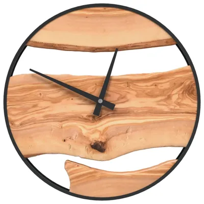 A round wall clock made of wood and metal.