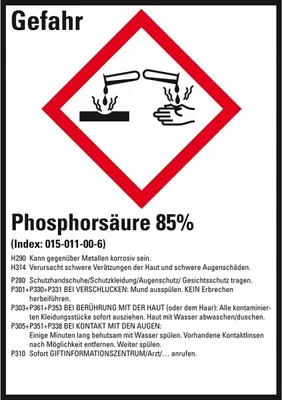 Produktbild von Dreifke® GHS-Etikett Phosphorsäure 85%, GefStoffV/GHS/CLP, Folie, 52x74mm, 10...