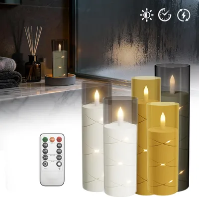 Image de LARS360 Lot de 3 bougies LED, sans flamme, télécommande & minuterie, bougies à tige avec guirlande lumineuse décorative, pour salon, table & salle de bain décorative, or