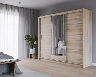 Produktbild von Krudox PRVTA Schwebetürenschrank Sonoma mit Spiegel 250 cm Kleiderschrank mit Kleiderstange
