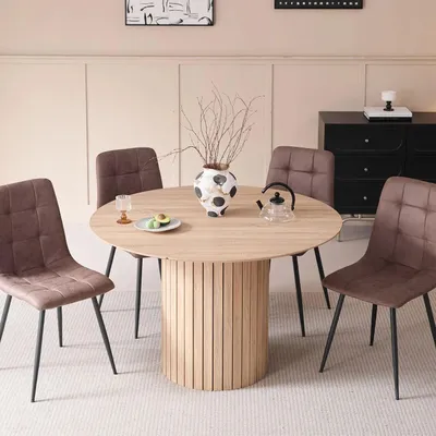 Productafbeelding van Eettafel rond modern minimalistisch met lattenbasis voor 4-6 personen