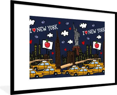 Produktbild von MuchoWow® MuchoWow® Gerahmtes Poster New York - Taxi - Freiheitsstatue 90x60 cm - Poster mit zchwarzem Bilderrahmen - Wanddekoration - Fotos