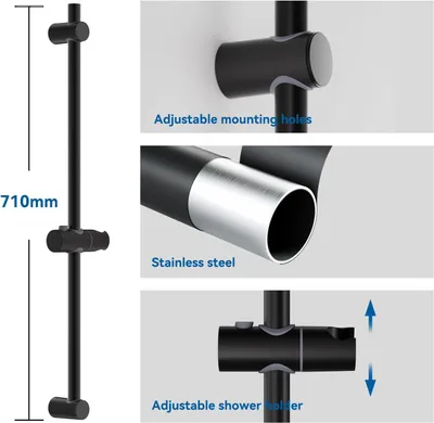 Produktbild von Duschstange aus Edelstahl, 70 cm lang, mit verstellbarem Duschkopfhalter, schwarz