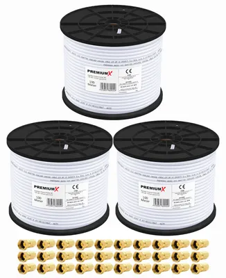 Produktbild von PremiumX 3x 100m BASIC Koaxialkabel 135dB 4-fach SAT Koax Kabel 30x F-Stecker