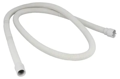 A white corrugated hose with white connectors on each end, laid out on a white background.