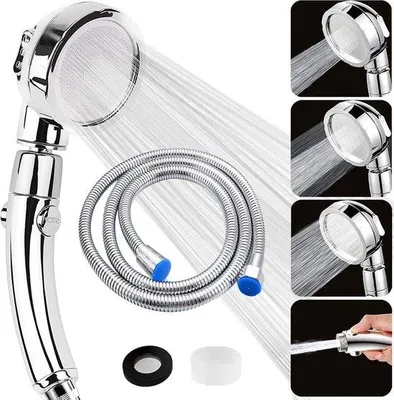 Produktbild von Wassersparender Duschkop mit 3 Strahlarten, 2m Schlauch, Chrom