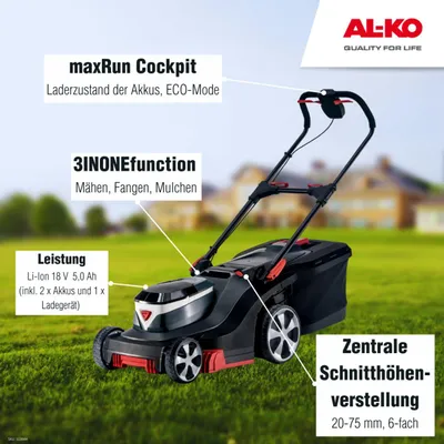 Produktbild von AL-KO Akku-Rasenmäher 382 Li Premium, 38 cm Schnittbreite, Akkufach für bis zu 2 Akkus 18 V Li-Ion (2x Akku und Ladegerät im Lieferumfang), für Flächen bis 400 m², mit maxRUN Cockpit