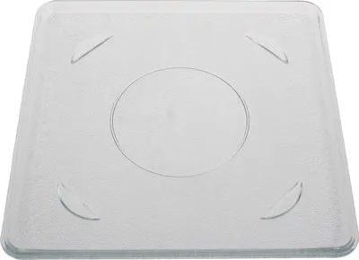 A clear, top-down view of a square glass turntable plate for a microwave.