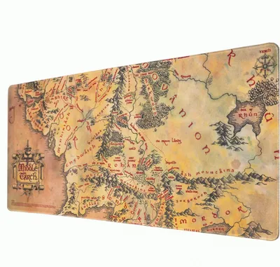 A map of Middle-earth, likely from The Lord of the Rings, printed on a long mousepad.