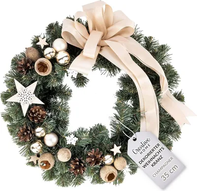 Zdjęcie produktu dla Creative Home Sztuczny Świąteczny Wieniec Bożonarodzeniowy Kolor Szampański | Okrągły Średnica 35 cm | Na drzwi Stół | na Zewnątrz Wewnątrz