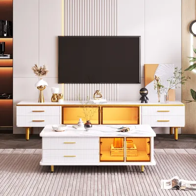 Productafbeelding van TV-meubels MODFU. TV-meubel met 4 laden en 2 deuren van gehard glas, 170*37*47,5 cm, wit