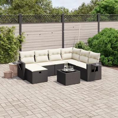 Produktbild von Design 8-tlg. Garten-Sofagarnitur mit Kissen Schwarz Poly Rattan, Gartenmöbel-Sets 2024 Neu