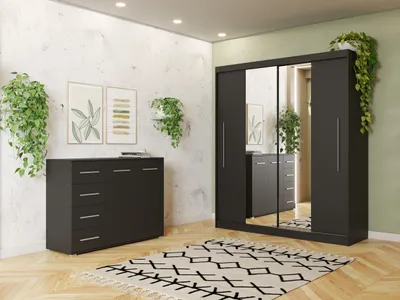 Produktbild von Schwebetürenschrank Kleiderschrank Schrank zweitürig 204 cm Kommode 135 cm und LED Beleuchtung Schwarz/Schwarz Torino Frida 01