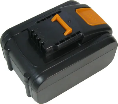 A black and orange battery pack is shown against a white background.