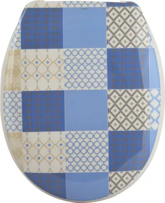 A top-down view of a toilet seat with a patchwork tile design.