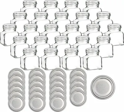 Produktbild von gouveo 24er Set Einmachgläser 120 ml eckig Schraubverschluss silberfarben - Kleines Vorratsglas mit Deckel für Marmelade, Gewürze