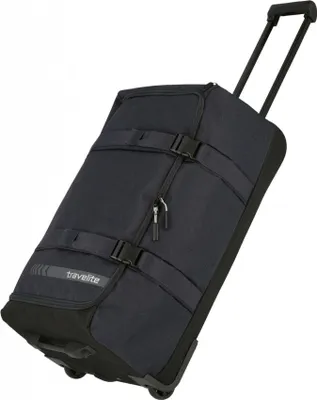 A dark gray travel bag with wheels and a retractable handle, shown against a white background.