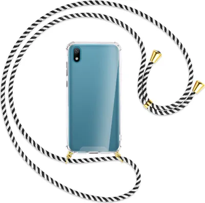 Produktbild von Handykette Backcover-Schutzhülle mit Band (Metall goldfarben) für Huawei Y5 2019 - schwarz/weiß gestreift