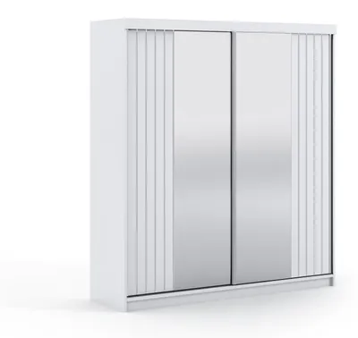 Produktbild von Krudox MOL Kleiderschrank Schiebetür Weiß 200x216x62 cm mit Spiegel 3 Schubladen 2 Kleiderstangen Schlafzimmer Mehrzweckschrank