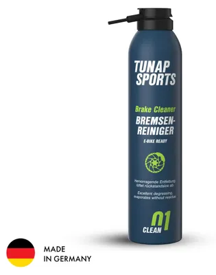 Produktbild von TUNAP SPORTS Bremsenreiniger Spray 300ml | Fahrrad Bremsen reinigen | Entfernt Verschmutzungen ohne Rückstände zugunsten der Bremsleistung | Löst Öl, Fett und Bremsstaub | Germany