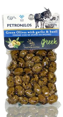 Produktbild von ELLIE 14011 Grüne Oliven Knoblauch & Basilikum 250g vakuumverpackt PETROMILOS von Kreta