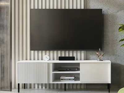Produktbild von TV-Schrank 6 MIA 150 cm mit geriffelte Fronte RTV-Lowboard TV Tisch Sideboard Metallbeine Weiß