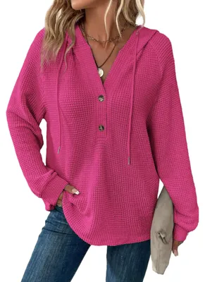 Produktbild von Damen Waffelstrick Hoodie V-Ausschnitt Weich Stylisch Warm Rosa L