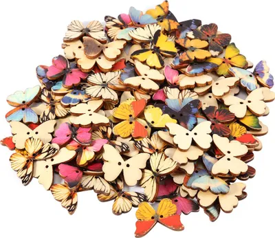 Zdjęcie produktu dla 100 sztuk drewnianych guzików w kształcie motyli, do majsterkowania, szycia, scrapbookingu, dekoracji (21 x 27 mm)