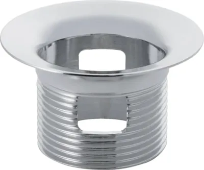 A close-up studio shot of a chrome sink drain fitting.