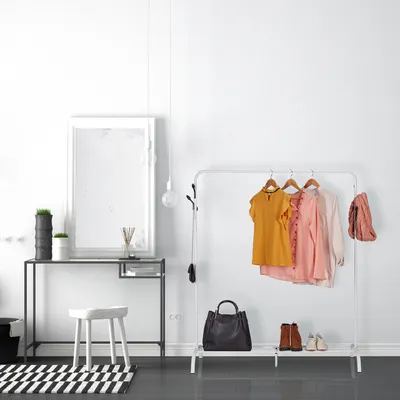 Produktbild von Relaxdays Kleiderständer Metall, Ablage, 6 Haken, Kleiderstange Schlafzimmer, HBT: 145x132x44 cm, freistehend, schwarz