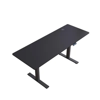 A black adjustable standing desk shown from a high angle on a white background.