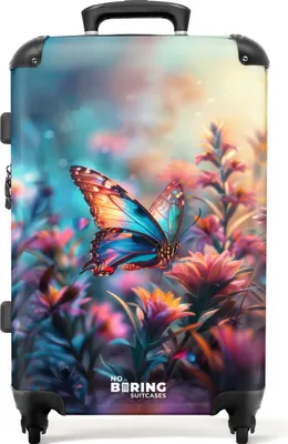 Obrázek produktu pro NoBoringSuitcases.com® Velký kufr - Detail modrého motýla na růžovém květu - Kombinovaný zámek TSA - Pevná skořepina na kolečkách - 4 kolečka - 72 litrů - Cestovní kufr - 66 cmKufr Medium 67x43x25 cm, 72L,