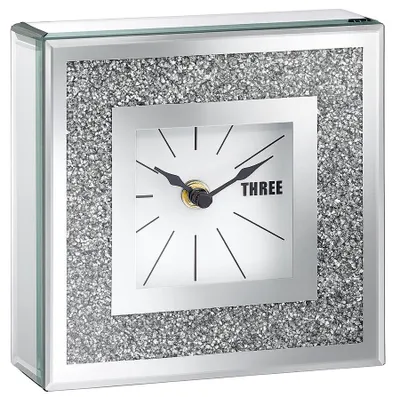 Produktbild von Edle Tischuhr Spiegelglas Glitzer Kristall-Optik – Dekouhr mit Spiegelrand 15x15cm – Moderne Kaminuhr Batteriebetrieben