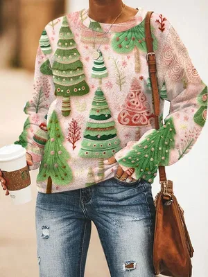 Produktbild von ASKSA Damen Weihnachtspullover Lustig 3D Drucken Weihnachten Sweatshirt Langarm Print Rundhals Niedlich Kapuzenpullover Weihnachtspulli Damen Xmas Pullover,A Hellrosa,L