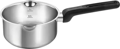 A stainless steel saucepan with a black handle is shown against a white background.