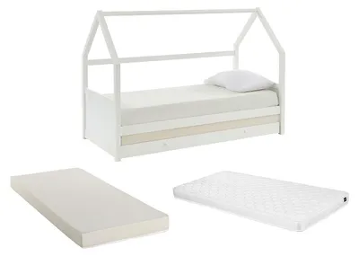 Produktbild von Ausziehbett Hausbett mit Matratze - Kiefernholz - 2 x 90 x 190 cm - Weiß - HURRA