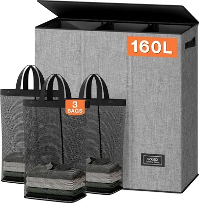 Immagine prodotto di SOLEDI 160L Cesto per la biancheria con coperchio e 3 sacchi per la biancheria Grigio 160L