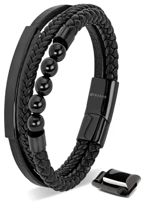 Produktbild von SERASAR Herren Armband 23cm Schwarz Leder Perlen Lederband Kugelarmband