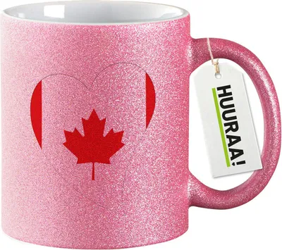Produktbild von Huuraa Glitzertasse Kanada Flagge Herz 330ml Pink Keramik Kaffeebecher Geschenkidee
