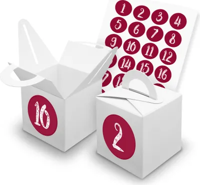 Produktbild von itenga SET V42 Adventskalender Würfelbox mit Griff Weiß + Zahlensticker Z49