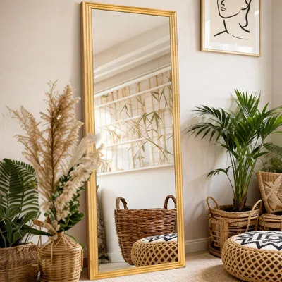 Image de Miroir en pied avec cadre rectangulaire en bois, 160 × 50 cm, miroir sur pied de style nordique, marron