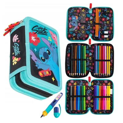 Produktbild von Federmäppchen 3 Fächer - Mäppchen für Mädchen - Federmappe 3-Fach Federtasche Gefüllte Schüleretui Schulmäppchen und Füller - Stitch